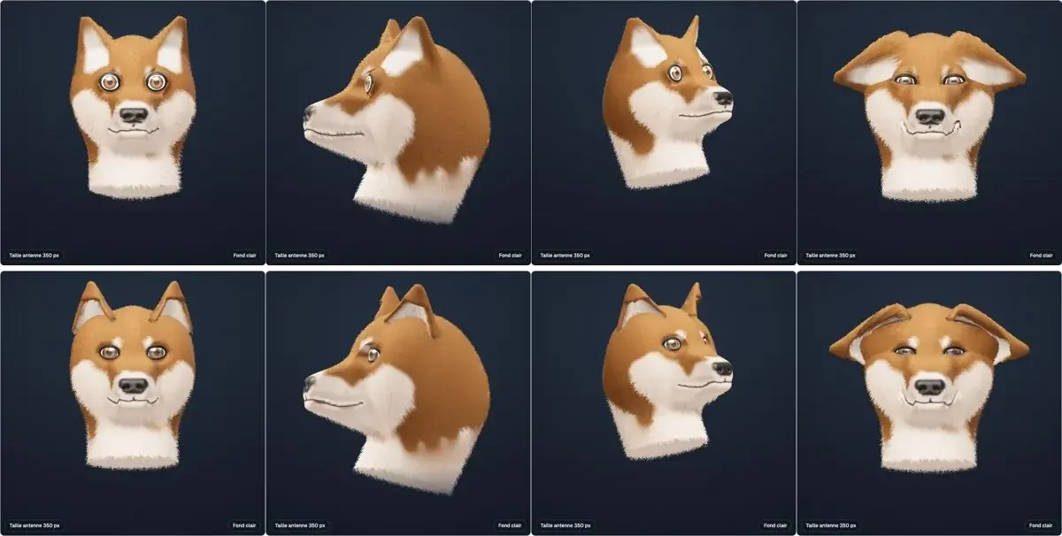 Version 6 en haut, version 7 en bas. Les yeux reculent dans la tête, l'oreille prend un bord roux et un creux.