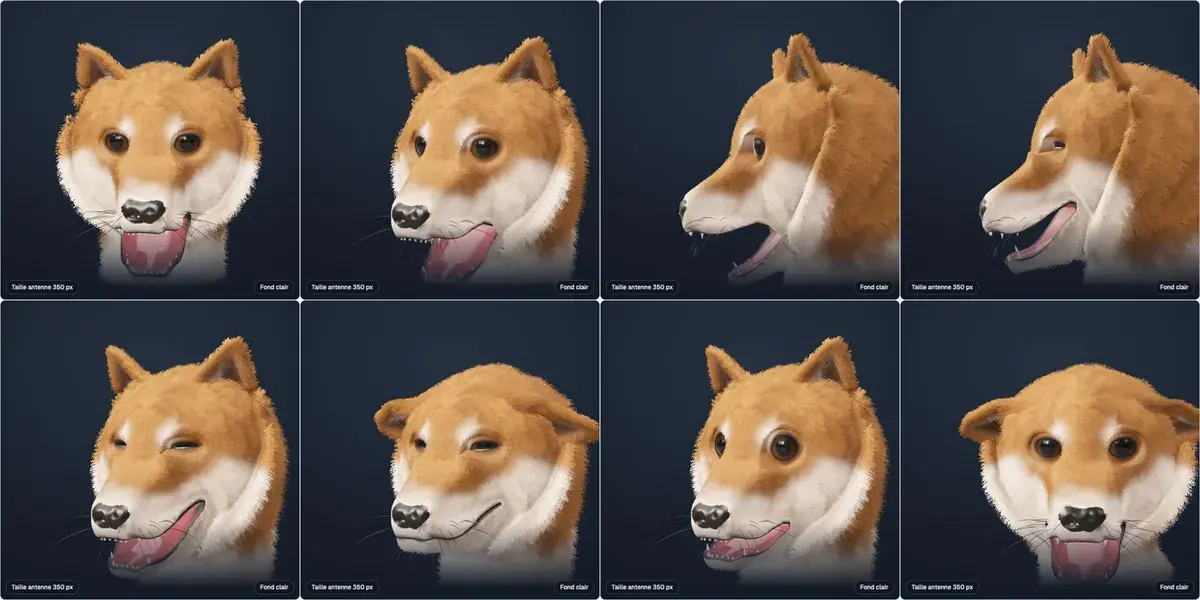 Expressions en v9 : gueule ouverte, rire, oreilles en avion, surprise.