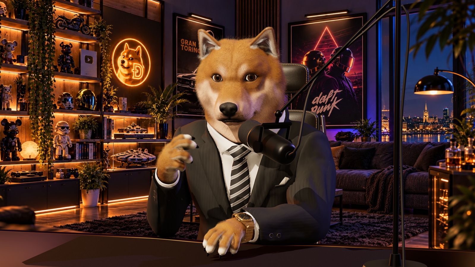 Le personnage en costume rayé, assis à son bureau de streamer devant un micro, parle en levant une patte ; une montre dorée brille à son autre poignet.