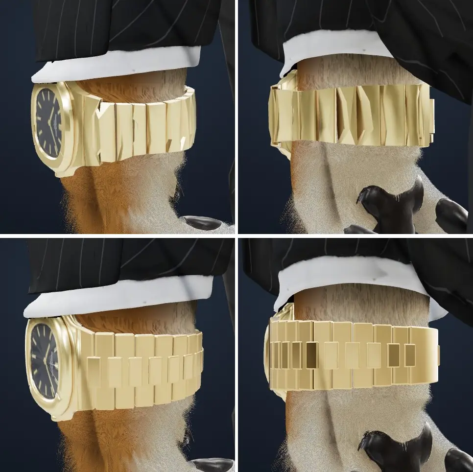 En haut, l'ancien bracelet, aux maillons déformés ; en bas, les maillons rigides, sous les mêmes angles.