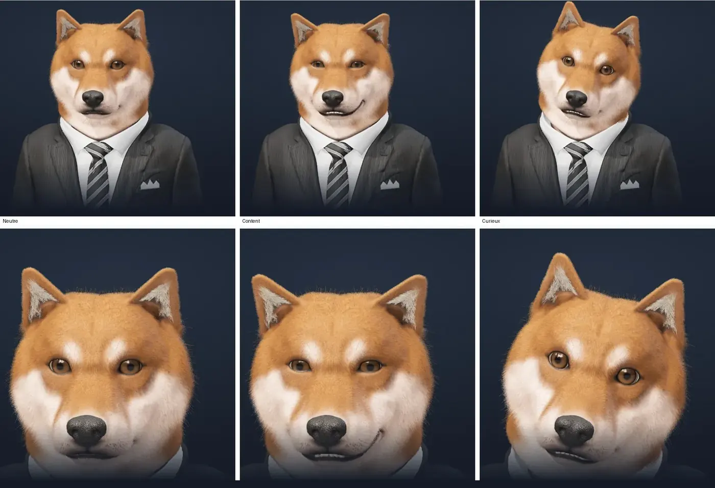 Neutre, content, curieux, en buste et en visage.