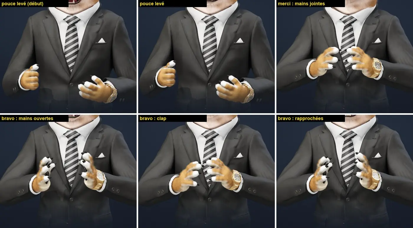 Pouce levé, mains jointes, applaudissements.