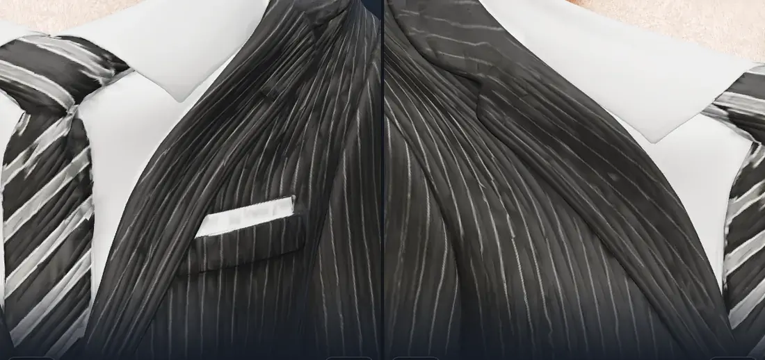 Avant : les rayures ondulent sur des bosses de tissu et le revers est mou.
