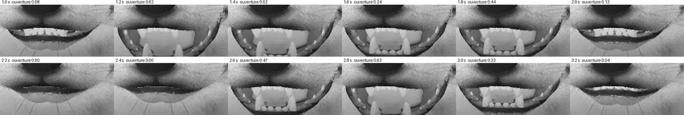 Ce que la mesure voit : la bouche seule, une image toutes les deux dixièmes de seconde, avec l'ouverture calculée au même instant. Les deux images fermées d'affilée sont une pause entre deux groupes de mots.