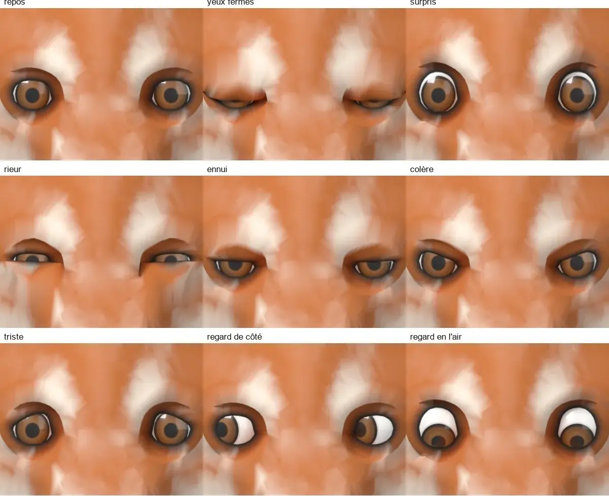 Premiers yeux et leurs expressions. Le liseré épais reprend celui des PNG du direct ; il sera affiné plus loin.